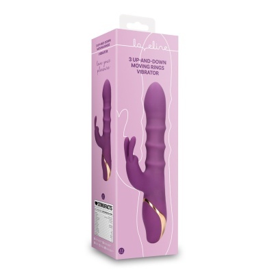 Embalagem rosa com vibrador roxo com três anéis móveis e dupla estimulação
