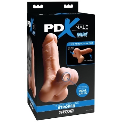 Embalagem preta de produto com imagem realista de brinquedo sexual em tom pele e texto azul e branco