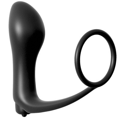 Dispositivo preto com parte bulbosa e argola circular em fundo branco