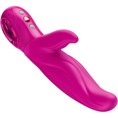 Vibrador cor-de-rosa com botão vermelho, design anatómico