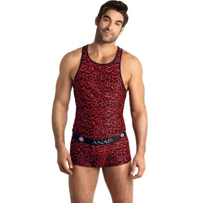 Homem a usar roupa interior vermelha com padrão animal print preto e cintura elástica com texto ANAIS