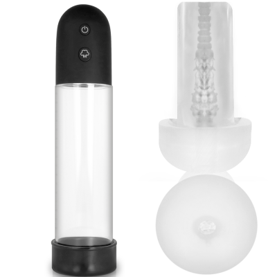 Bomba de vácuo transparente com botões e base preta, com acessório translúcido ao lado