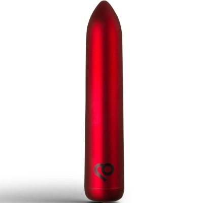 Produto cilíndrico vermelho metálico com símbolo preto em fundo branco