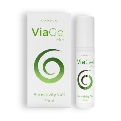 Gel de sensibilidade ViaGel Men em embalagem branca com texto verde e símbolo circular