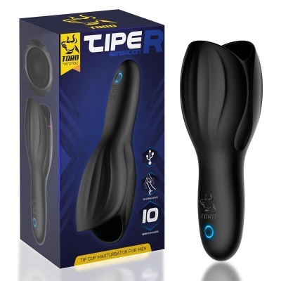 Masturbador masculino preto com botão azul e embalagem com texto TIPER R TORO