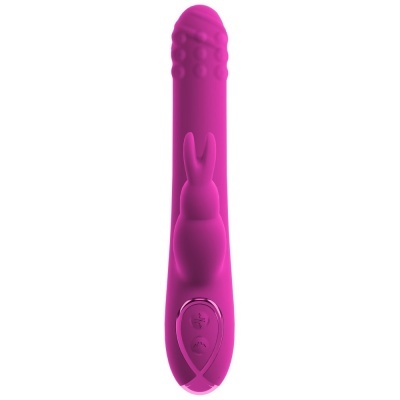 Vibrador rosa com textura e figura de coelho em silicone