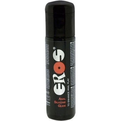 Frasco preto do produto EROS Anal Silicone Glide com texto branco e vermelho.