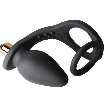 Plug anal preto de silicone com vibrador dourado e alça circular