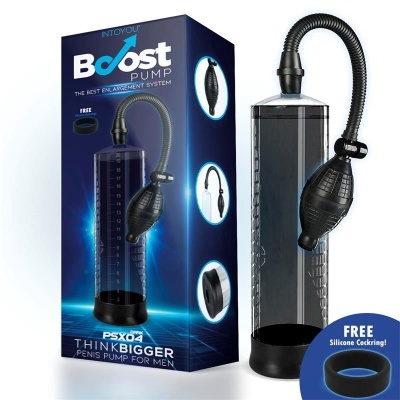 Bomba peniana Boost Pump PSX04 em plástico preto e transparente com anel de silicone preto