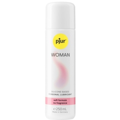 Frasco branco de lubrificante pessoal pjur WOMAN com detalhes em amarelo e rosa