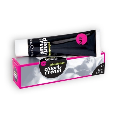 Frasco preto de creme estimulante para clitóris sobre caixa rosa e cinza com imagem de mulher