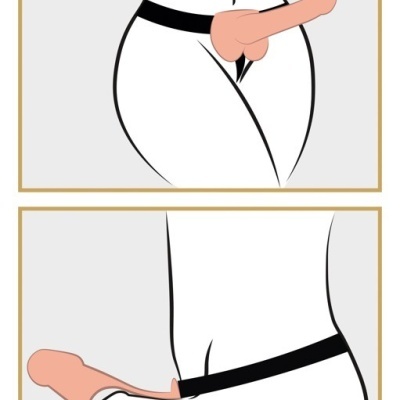 Ilustração de cinta com pénis cor de pele, correia preta ajustável, em corpo feminino estilizado