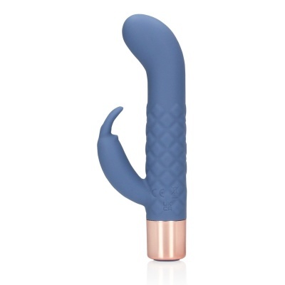 Vibrador azul com base rosa metálica e textura em losango