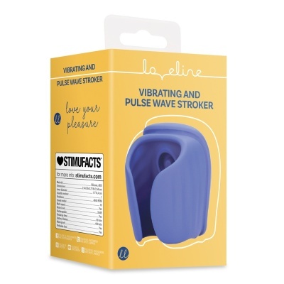 Embalagem amarela de vibrador azul com texto em inglês