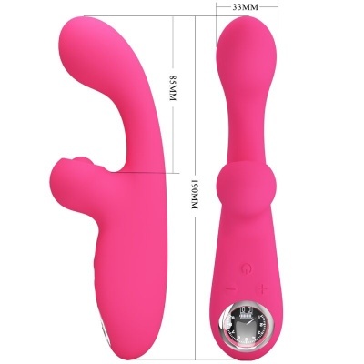 Vibrador rosa em silicone com controlos e mostrador circular