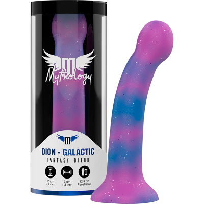 Dildo de fantasia rosa e azul com pontos brancos e caixa preta com texto Mythology e DION - GALACTIC.