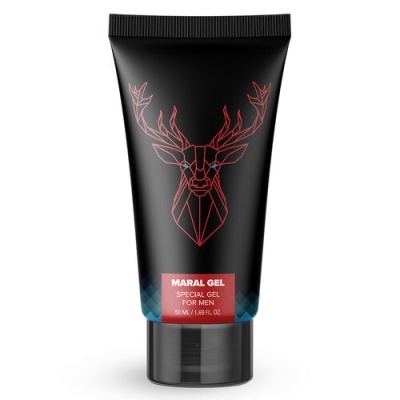 Frasco preto de gel com desenho geométrico de veado e texto em branco e vermelho