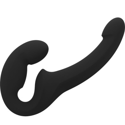 Sex toy em silicone preto com forma curvada e duas extremidades
