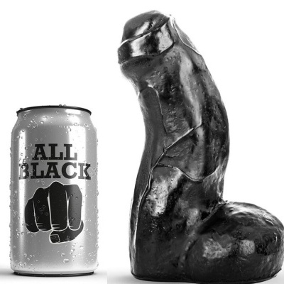 Lata prateada com texto ALL BLACK e objeto negro com textura irregular