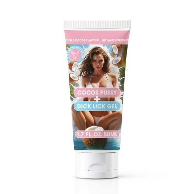 Embalagem de gel íntimo sabor coco com imagem de mulher e cocos