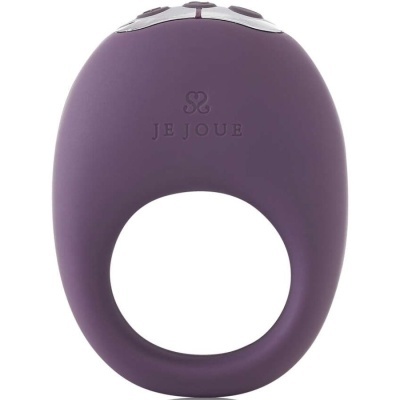 Anel vibratório roxo em silicone com o texto JE JOUE gravado