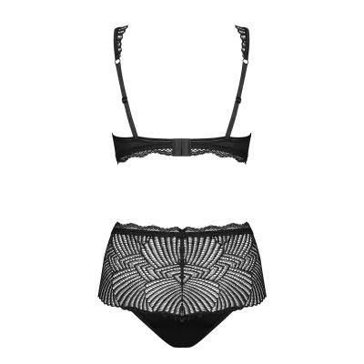 Conjunto de lingerie preto em renda com padrão geométrico e alças ajustáveis