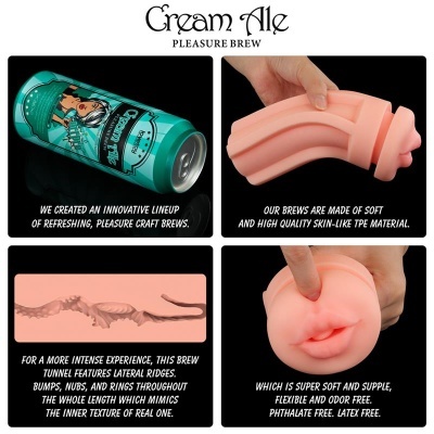 Produto anatómico cor de pele em TPE com textura interna detalhada e embalagem em lata verde Cream Ale Pleasure Brew.