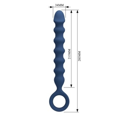Objeto azul alongado ondulado com anel circular e medidas em milímetros