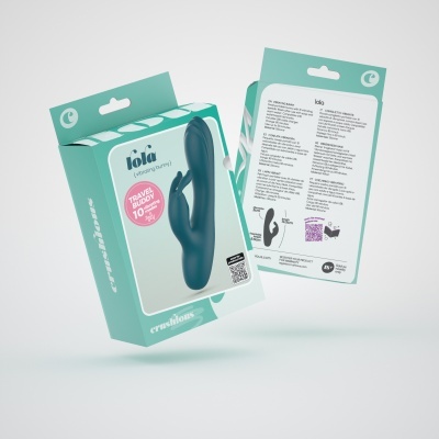 Embalagem azul com vibrador em silicone azul escuro e informações do produto