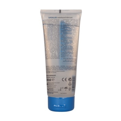 Frasco plástico transparente de lubrificante SUPERGLIDE com tampa azul