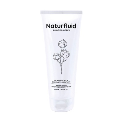 Frasco branco de gel hidratante Naturfluid com texto preto e ilustração de flores