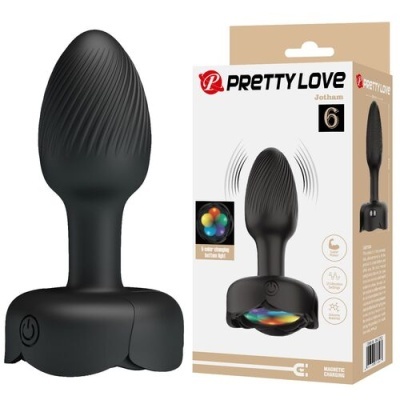 Plug anal preto texturizado com luz colorida e embalagem