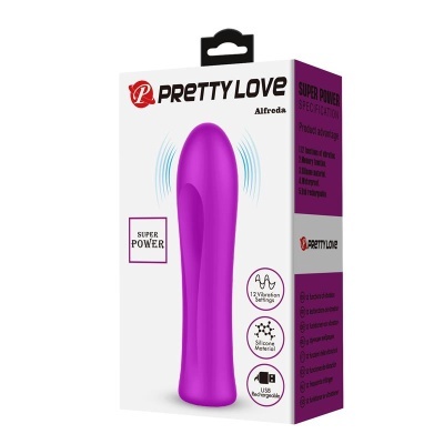 Embalagem de vibrador roxo Pretty Love Alfreda com texto e especificações