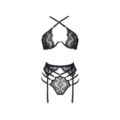 Conjunto lingerie feminino em renda preta com sutiã e cintura alta com liga