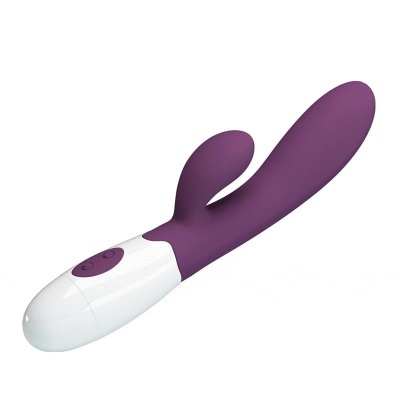 Vibrador roxo em silicone com base branca e dois botões