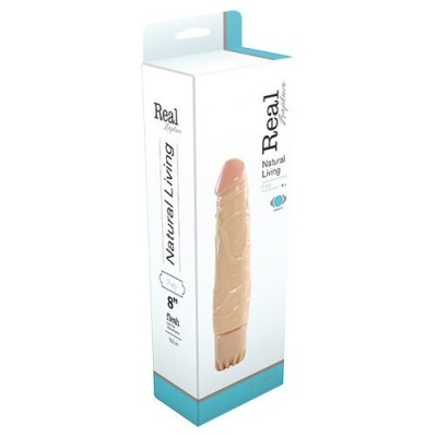 Embalagem branca com vibrador realista cor pele e texto Real Applause