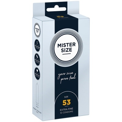 Embalagem azul de preservativos Mister Size tamanho 53 extra fino