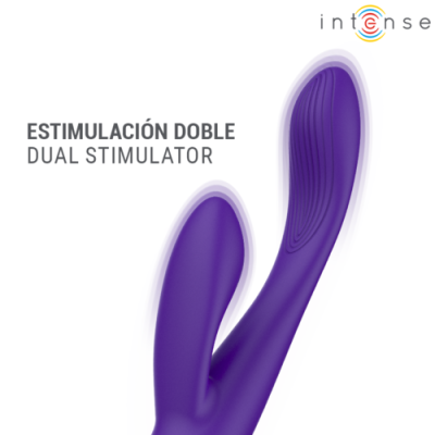 Estimulação dupla estimulador roxo com texturas onduladas e texto em espanhol e inglês