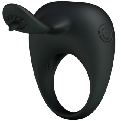 Anel vibratório preto em silicone com botão de ligar e texturas na parte superior