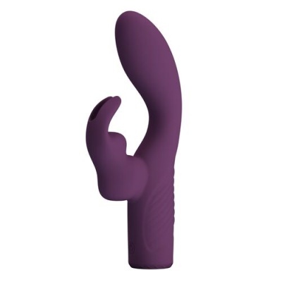 Vibrador roxo de silicone com estimulador em forma de coelho e textura na base