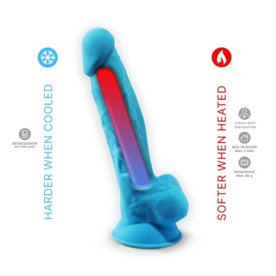 Produto em forma de pénis azul com ventosa e gráfico de temperatura ao lado.