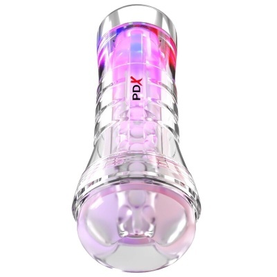 Produto cilíndrico transparente com luzes roxas e inscrição PDX