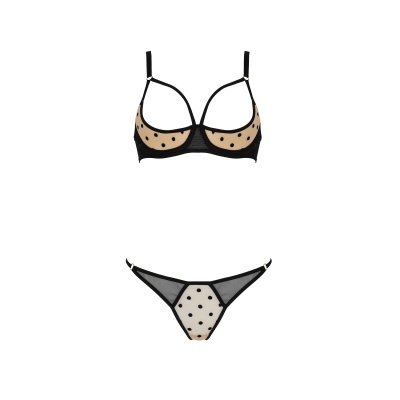 Conjunto de lingerie bege com bolinhas pretas e detalhes pretos.