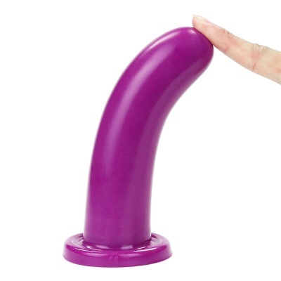 Dildo roxo curvado com base de ventosa e dedo indicador ao lado