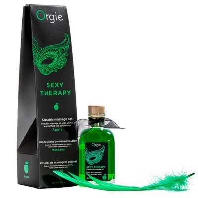 Conjunto Orgie Sexy Therapy com óleo de massagem verde e embalagem preta com texto verde