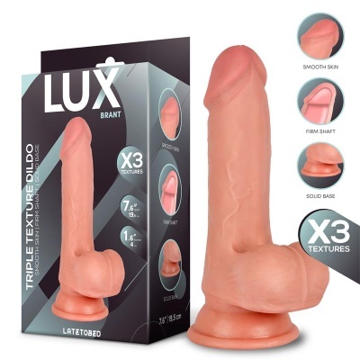 Dildo de textura tripla cor pele com embalagem preta
