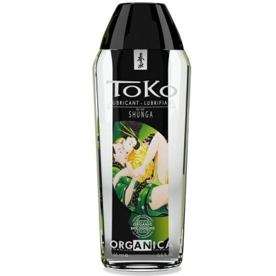Frasco transparente de lubricante Toko da Shunga com rótulo ilustrado
