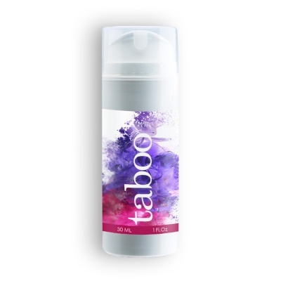 Frasco branco com tampa transparente e rótulo colorido com texto taboo