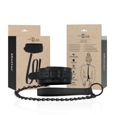 Colar preto vegan em couro com corrente metálica e embalagem INTENSE FETISH