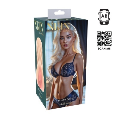 Embalagem do produto adulto XKIN Secret Affairs com imagem de modelo loira em lingerie azul.
